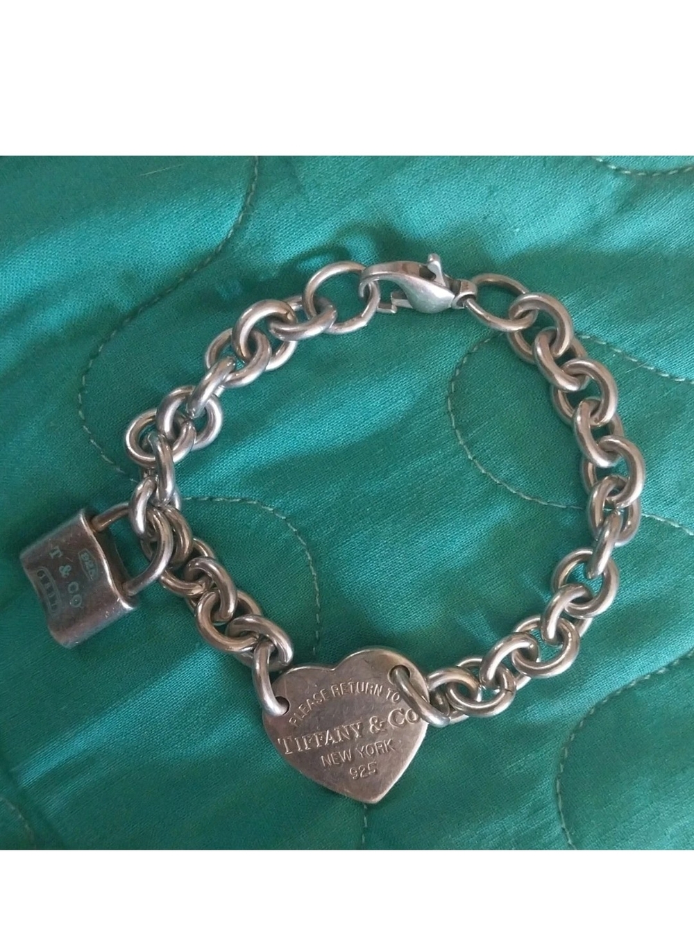 Tiffany & Co. Heart Tag and Padlock Charm Bracelet 925 Silver 7"